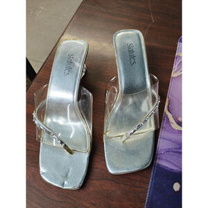 VINTAGE PLASTIC HIGH HEEL SANDALS W/STUDDED RHINESTONES SIZE 8 1/2 Y2K 90's Rave